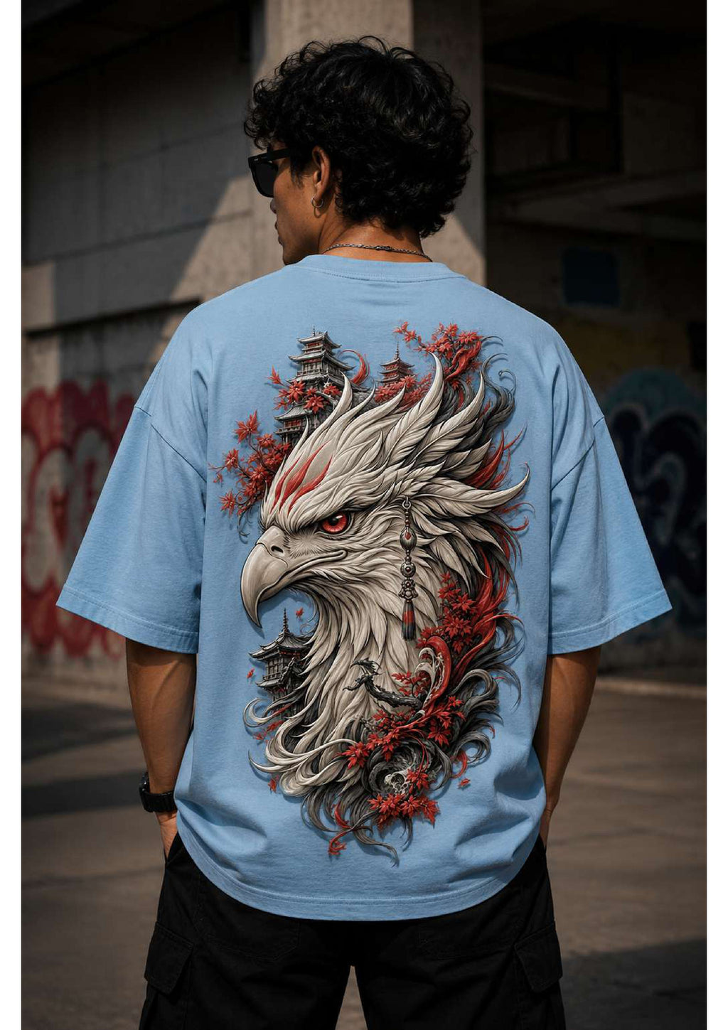 Red & Blue Printed Bird Oversized T-Shirt