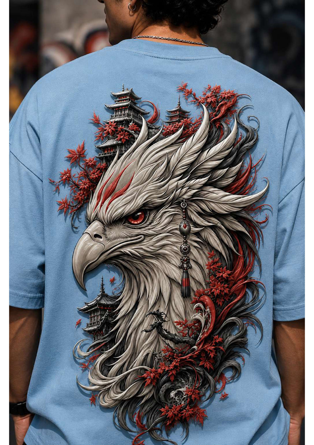 Red & Blue Printed Bird Oversized T-Shirt