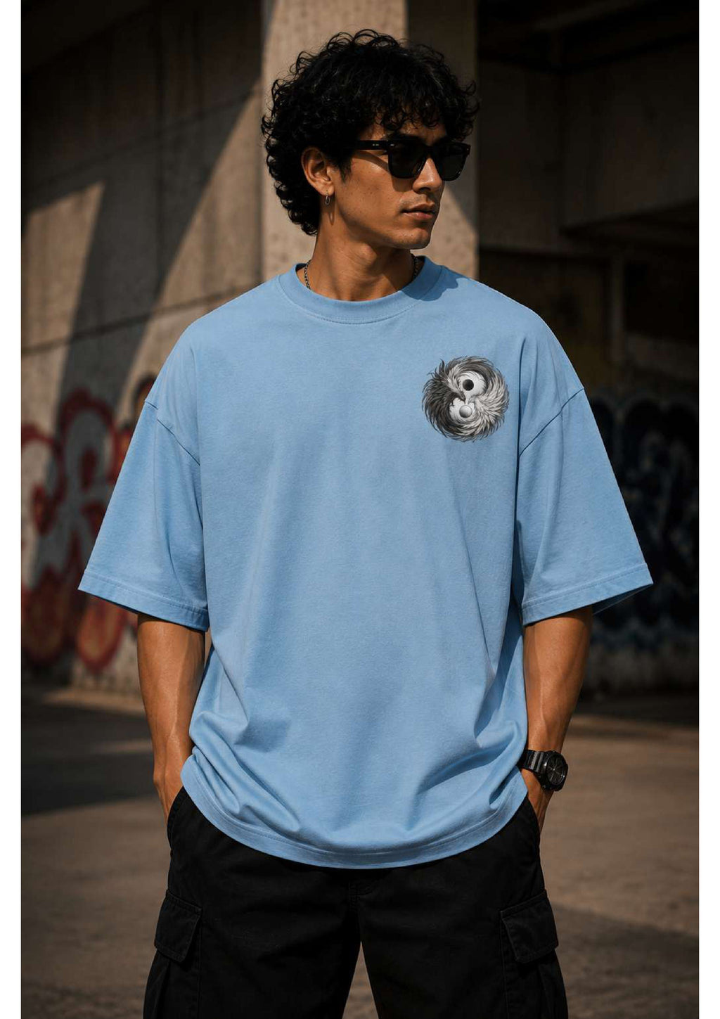Red & Blue Printed Bird Oversized T-Shirt